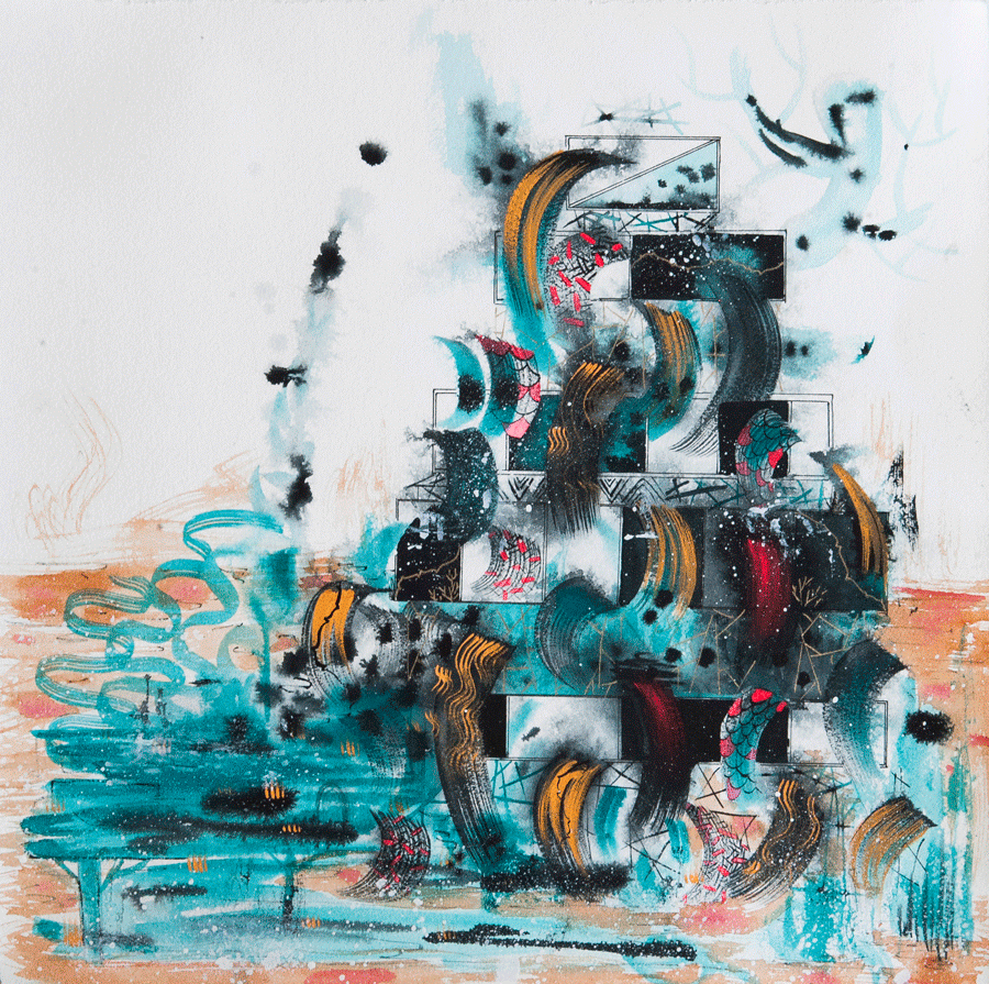 'Set to Sea on Phantom Tides' 16x16in mixed media on rives bfk